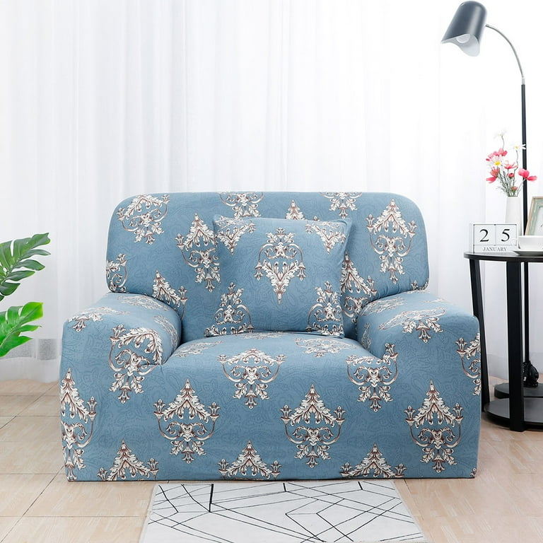 PiccoCasa 4 Seater Sofa Slipcovers Stretch Couch Covers with Folral Print Blue Small