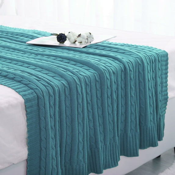 PiccoCasa Cotton Throw Blanket Cable Knit Decorative Blanket, Teal Blue 70"x78"