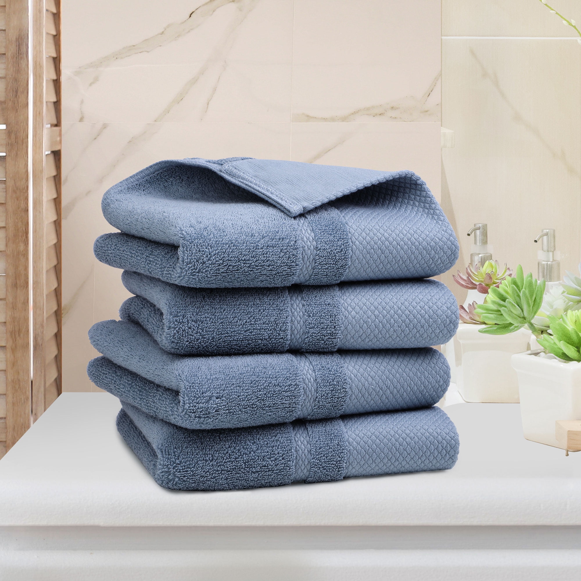PiccoCasa 4Pcs Thick 100% Cotton Bathroom Hand Towel Set 14"x30", Soft and Absorbent, Steel Blue ...