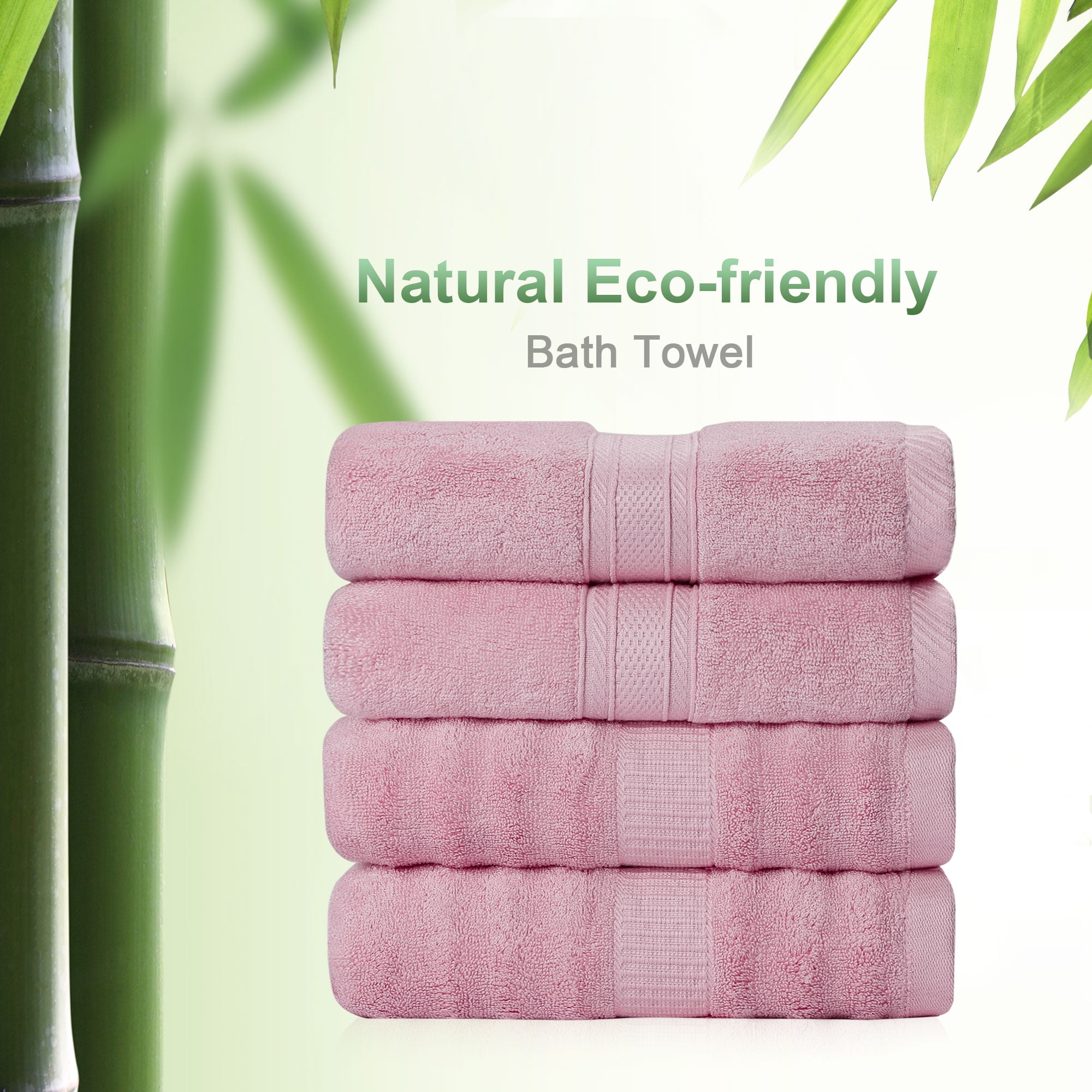 PiccoCasa 4Pcs Bamboo Cotton Bath Towels Soft Absorbent 27"x54" Pink