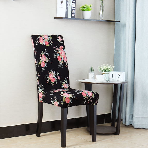 PiccoCasa 4Pcs Floral Dining Chair Cover Stretch Spandex Seat Protector, Black+Pink