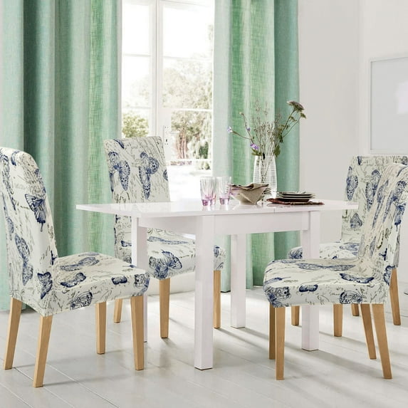 PiccoCasa 4Pcs Floral Dining Chair Cover Stretch Spandex Seat Protector, Blue+Beige