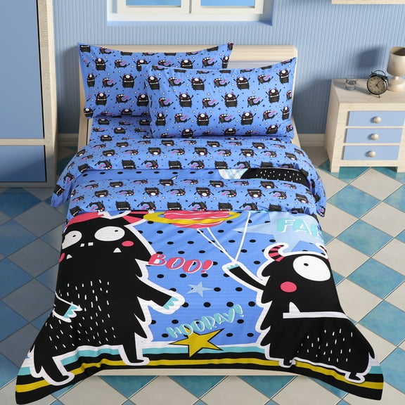 PiccoCasa 5 Piece Kids Bedding Set Brushed Polyester Black Cartoon Pattern Twin