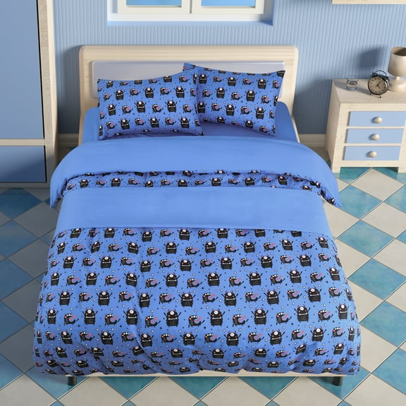 PiccoCasa 5 Piece Kids Bedding Set Brushed Polyester Small Black Cartoon Print Twin