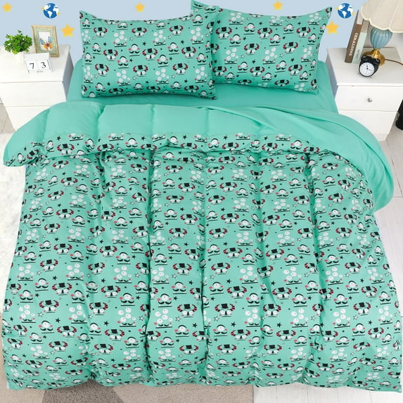 PiccoCasa 5 Piece Kids Duvet Cover Bedding Set Cartoon Pattern Queen Green