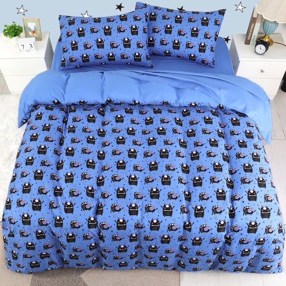 PiccoCasa 5 Piece Kids Duvet Cover Bedding Set Monster Pattern Queen Navy Blue