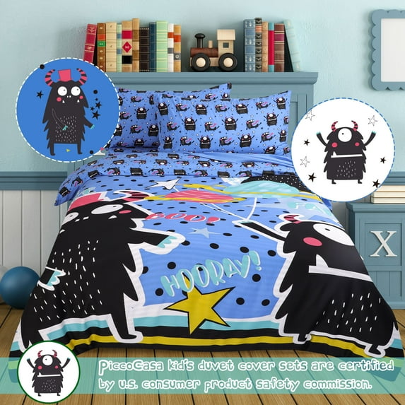 PiccoCasa 5 Piece Kids Duvet Cover Bedding Set Monster Pattern Twin Black and Blue