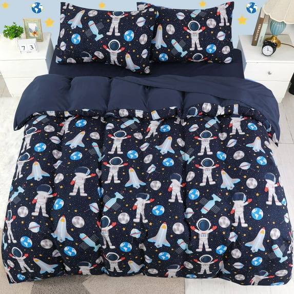 PiccoCasa 5 Piece Kids Duvet Cover Bedding Set Space Astronaut Pattern Full Queen Blue