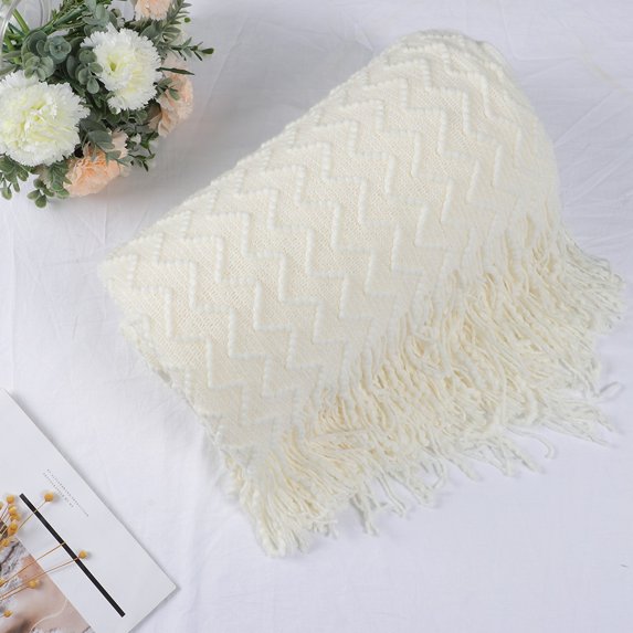 PiccoCasa 50"x60" Throw Blanket Knit Woven Blanket with Tassels, Cream White