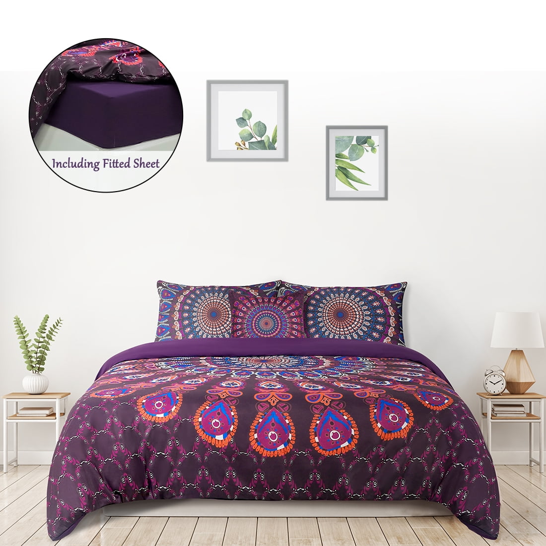 PiccoCasa 5pcs Polyester Duvet Cover Set Bohemian Bedding Set, Purple Queen