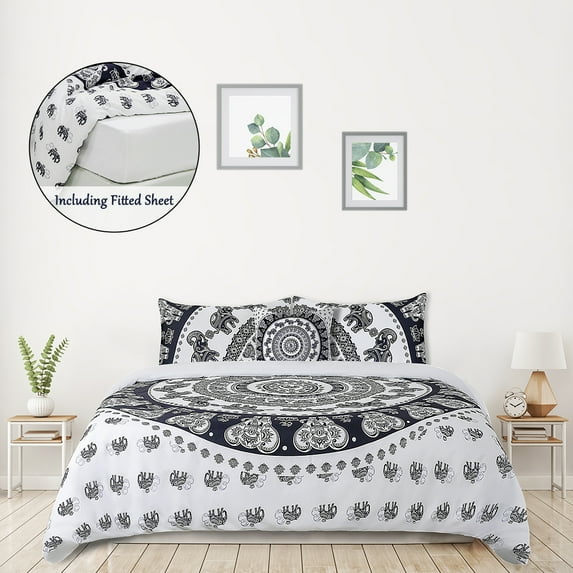 PiccoCasa 5pcs Polyester Duvet Cover Set Bohemian Bedding Set, White and Black King