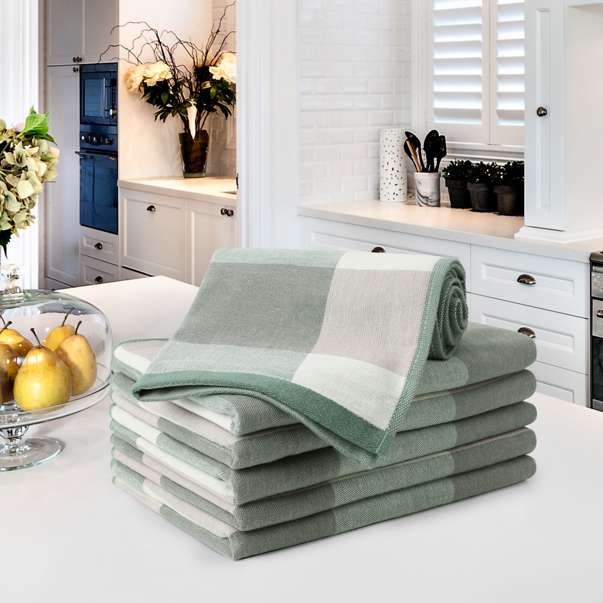 PiccoCasa 6 Pack 100% Cotton Kitchen Dish Towel 13" x 29" Green Plaid