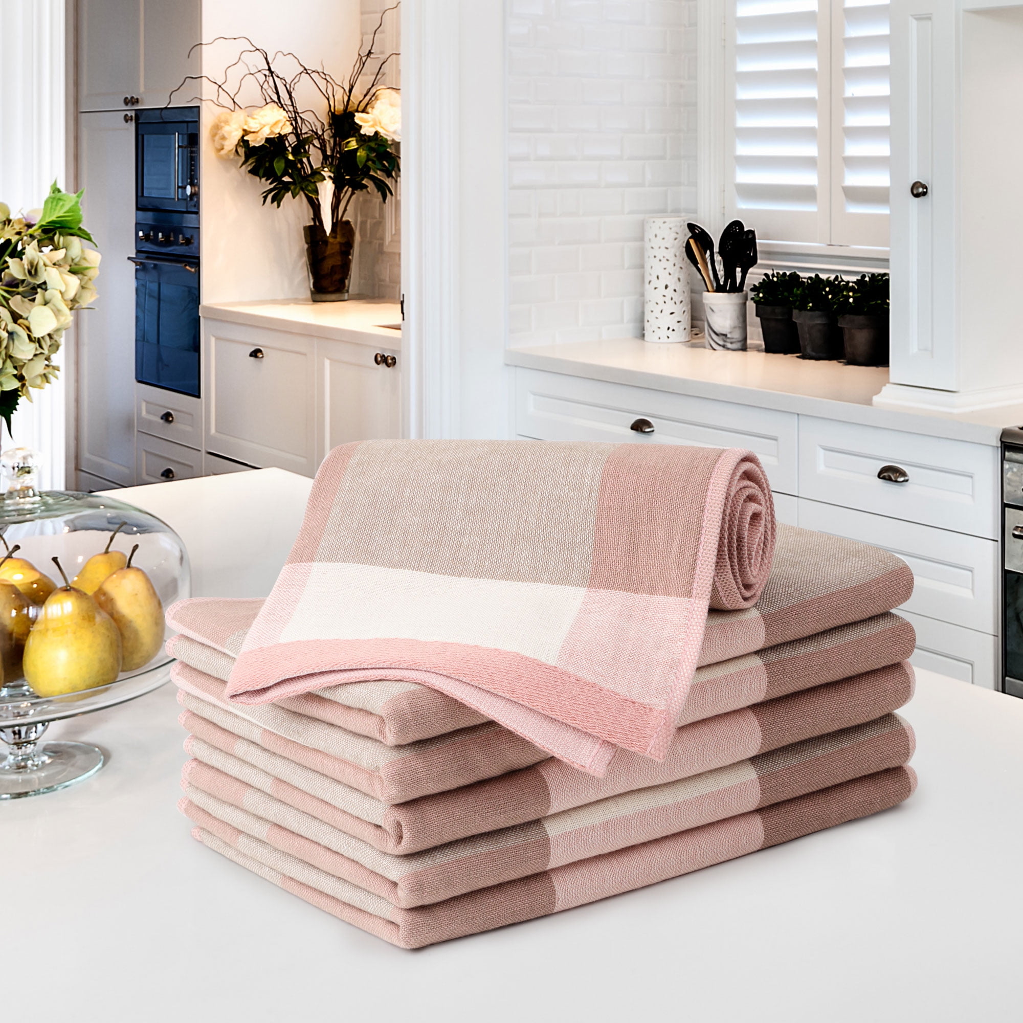 PiccoCasa 6 Pack 100% Cotton Kitchen Dish Towel 13" x 29" Pink Plaid