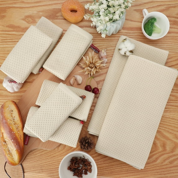 PiccoCasa 8 Pack Kitchen Dish Hand Towels Cotton Waffle Weave Beige