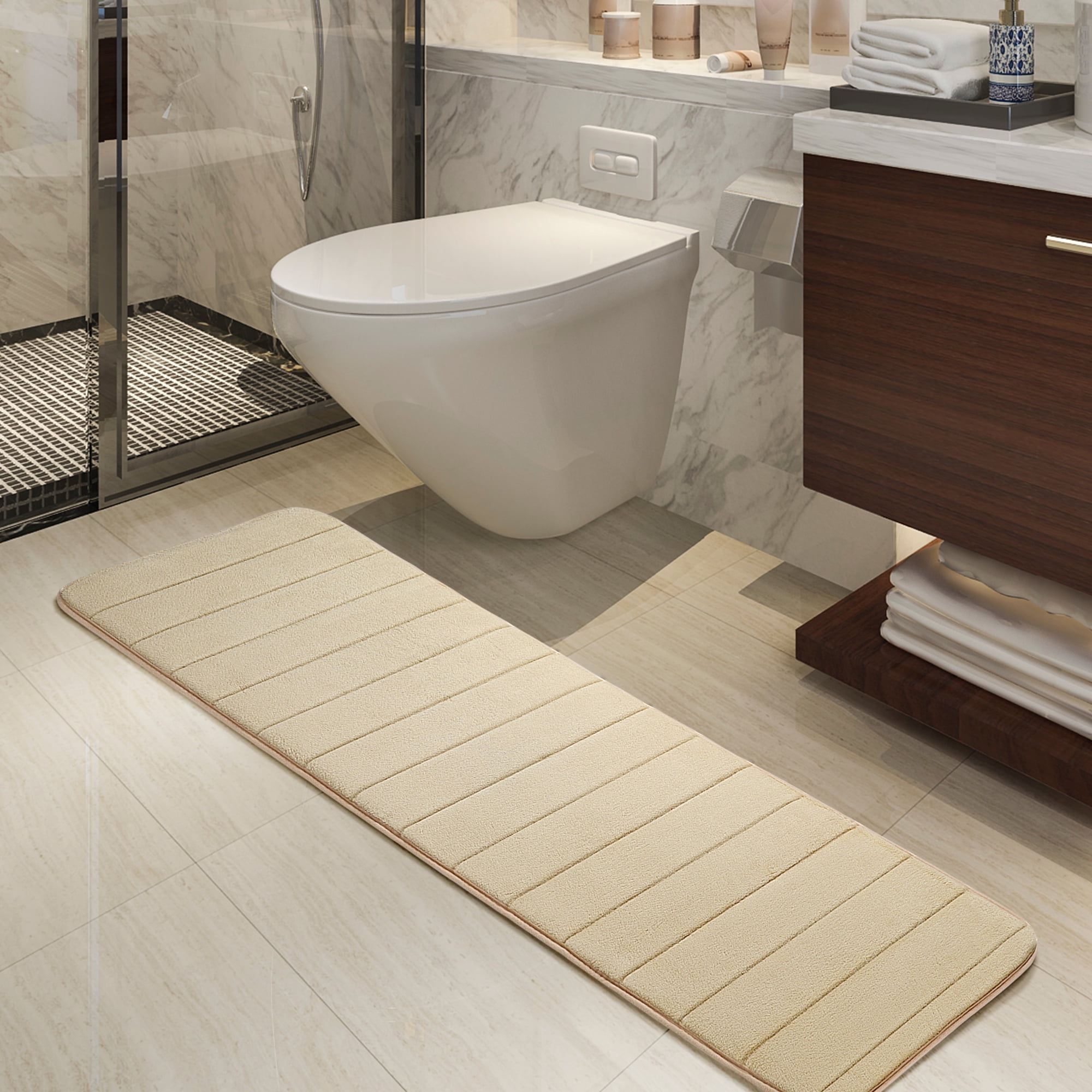 Beige Memory Foam Non-Slip Bath Runner Rug