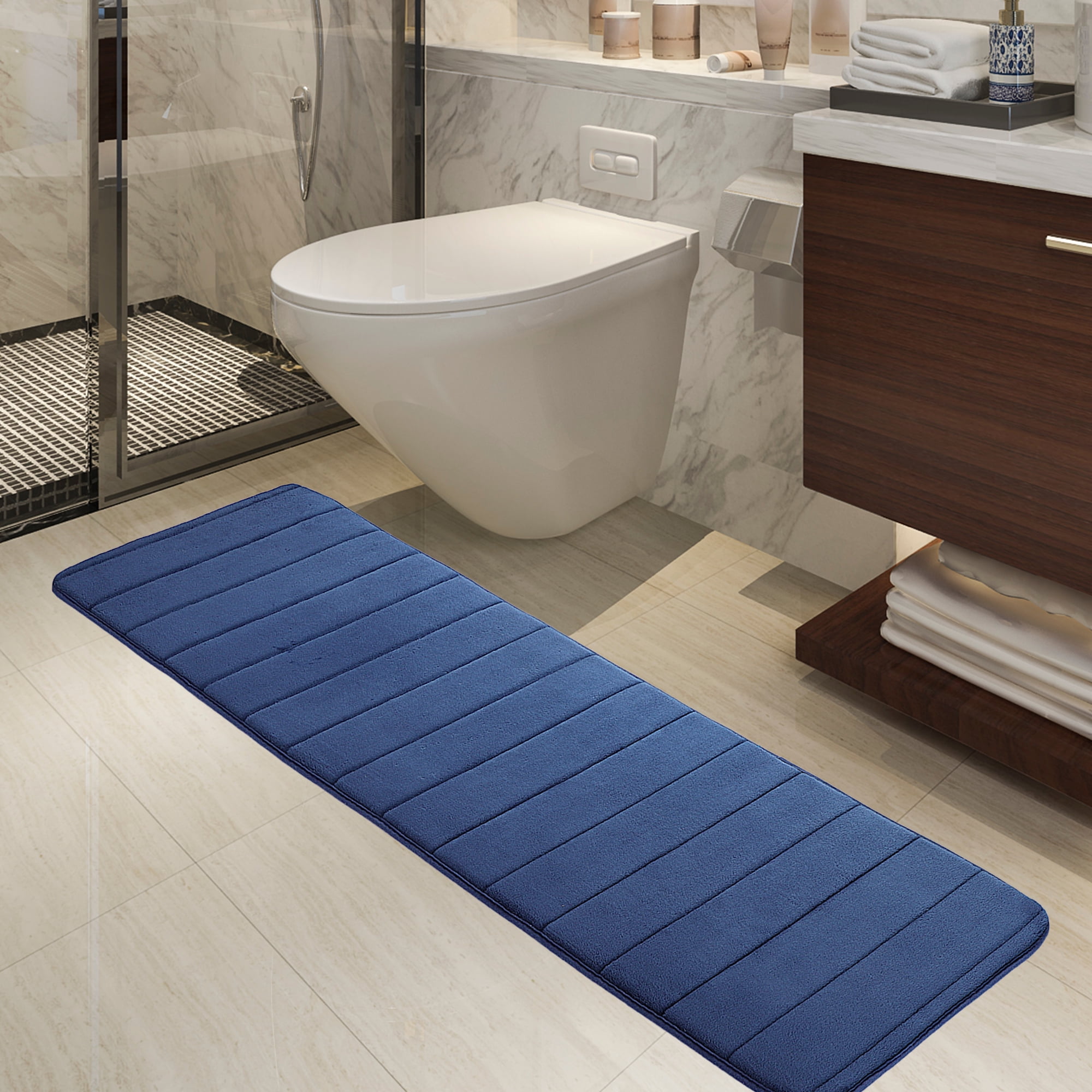 PiccoCasa Absorbent Memory Foam Bath Mat Bath Runner Rug, Blue 16" x 47"
