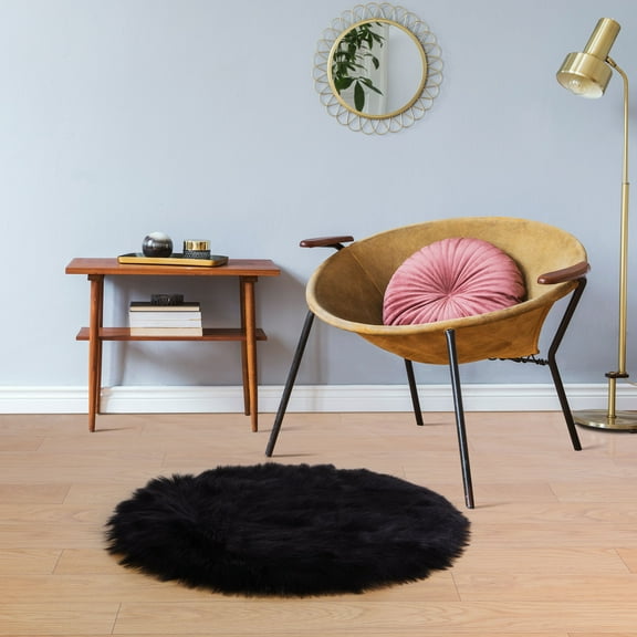 PiccoCasa Area Rug Faux Fur Carpet for Home, 2x2 Feet Round, Black