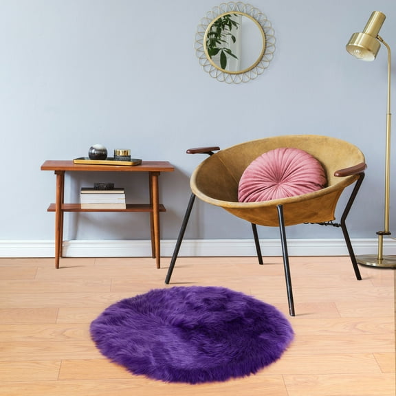 PiccoCasa Area Rug Faux Fur Carpet for Home, 2x2 Feet Round, Purple