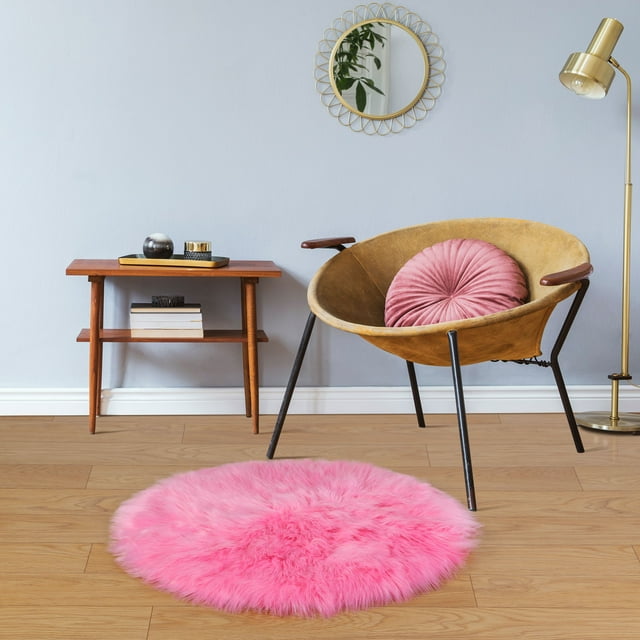 PiccoCasa Area Rug Faux Fur Carpet for Home, 2x2 Feet Round, Rose Red