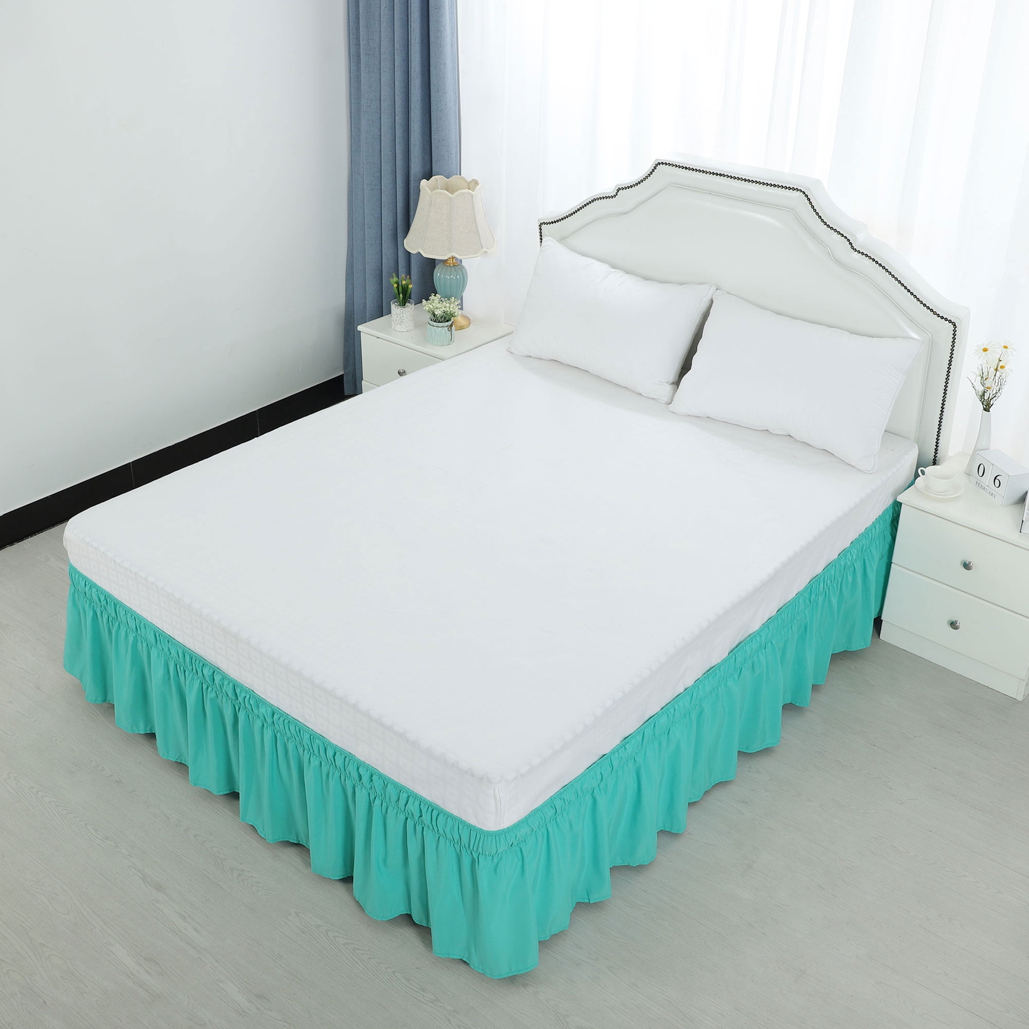 PiccoCasa Bed Skirt Polyester Elastic Wrap Around Dust Ruffle, Queen Aqua Blue