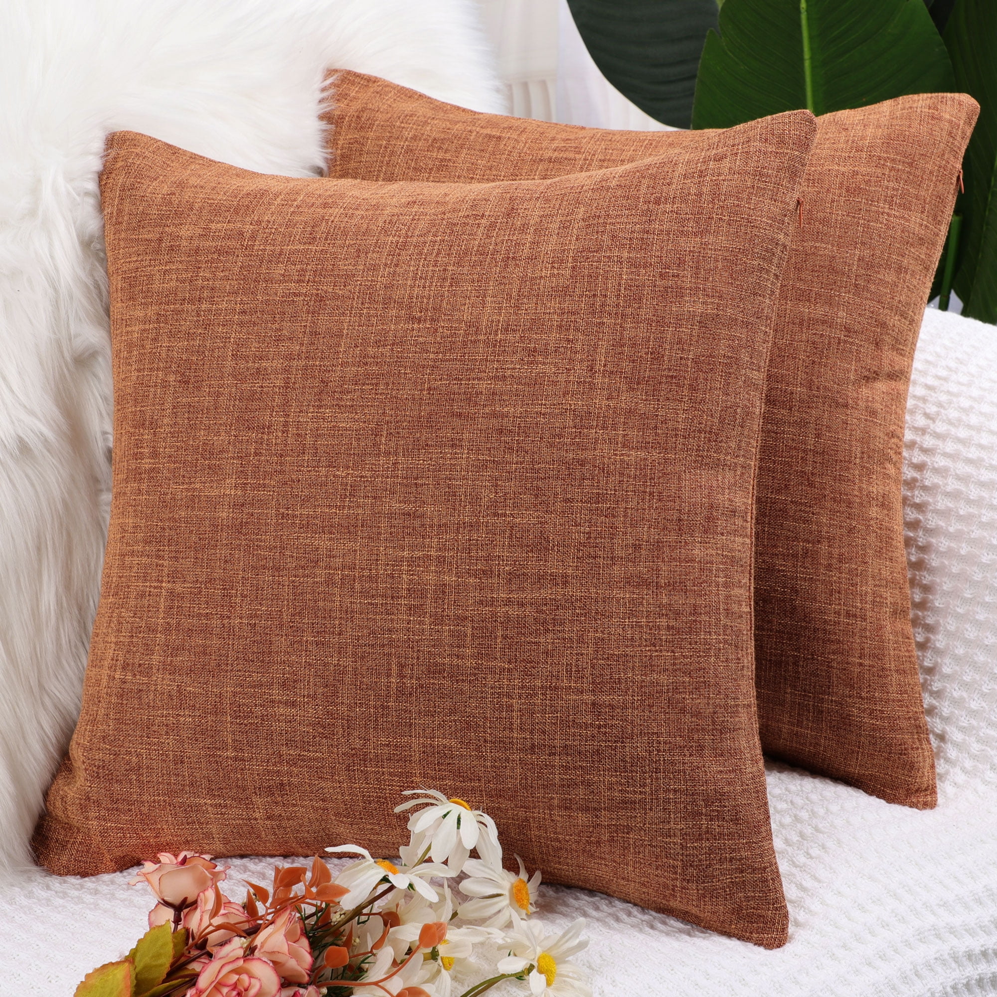 Orange Cotton Linen Euro Throw Pillow Covers Set of 2
