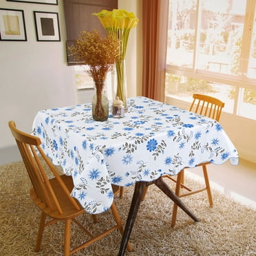 PiccoCasa Blue Flower Print Square 53 x 53 Inch Tablecloth Waterproof
