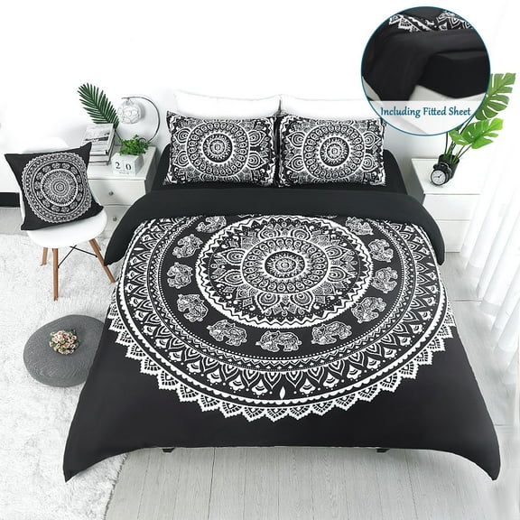 PiccoCasa Bohemian Duvet Cover Set 5 Piece Microfiber Bedding Set for Queen Bed, Black