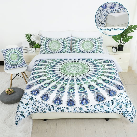 PiccoCasa Bohemian Duvet Cover Set 5 Piece Microfiber Bedding Set for Queen Bed, White and Green