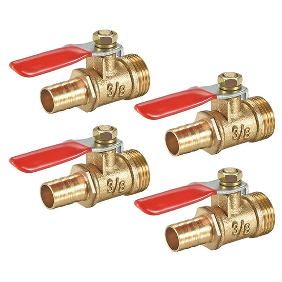 Brass Air Ball Valve Shut-off Switch Male to Hose Barb Pipe Tubing Fitting Coupler 180 Degree Operation Handle 4Pcs, G 3/8" x 3/8"