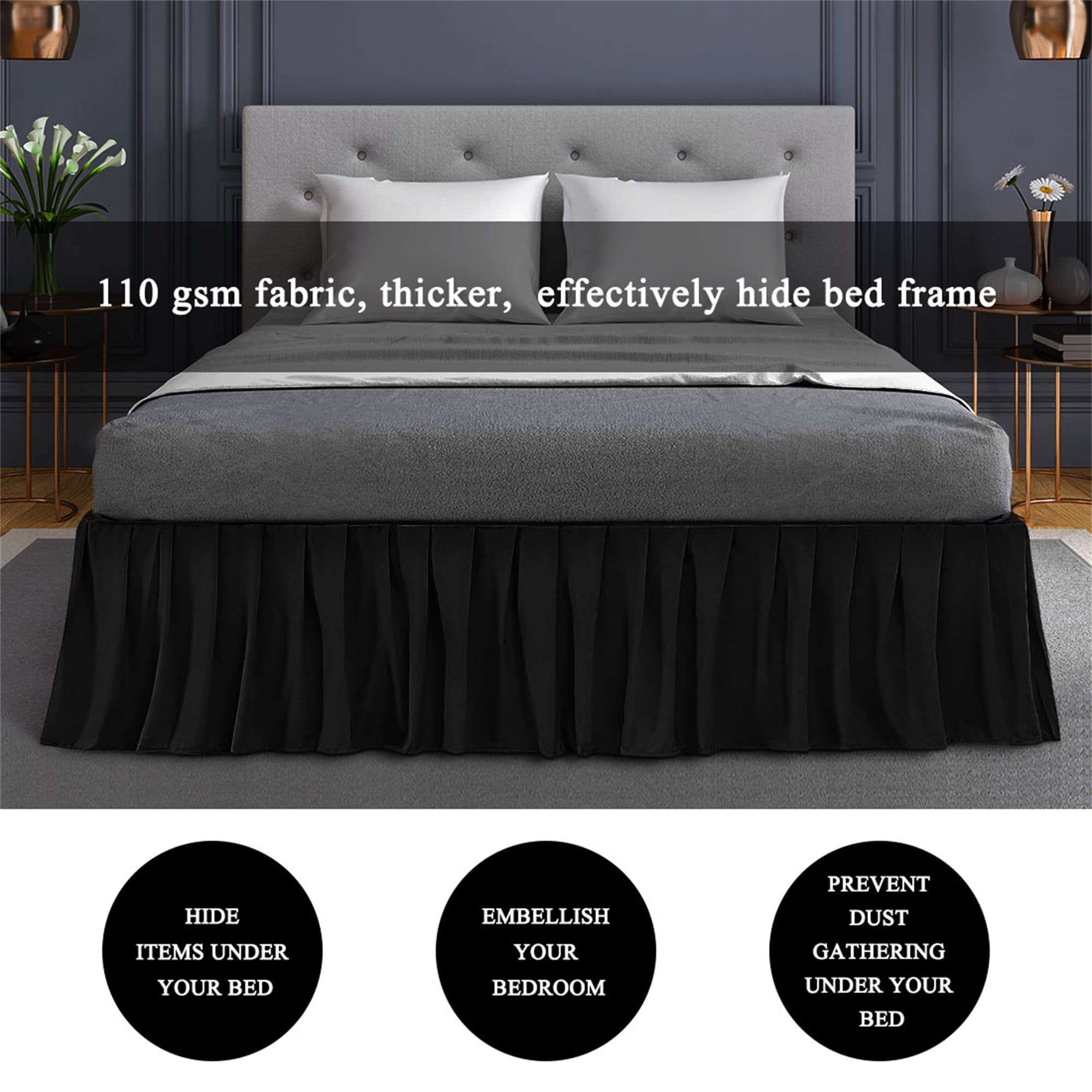 PiccoCasa Brushed Microfiber Bed Skirts 16" Drop Ruffled Wrap Around, Queen Black