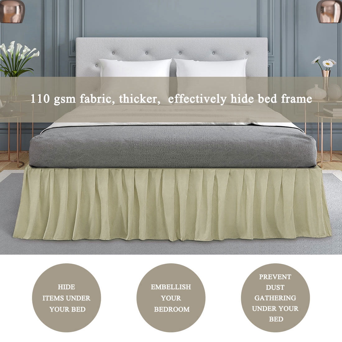 PiccoCasa Brushed Microfiber Bed Skirts 16" Drop Ruffled Wrap Around, Queen Khaki