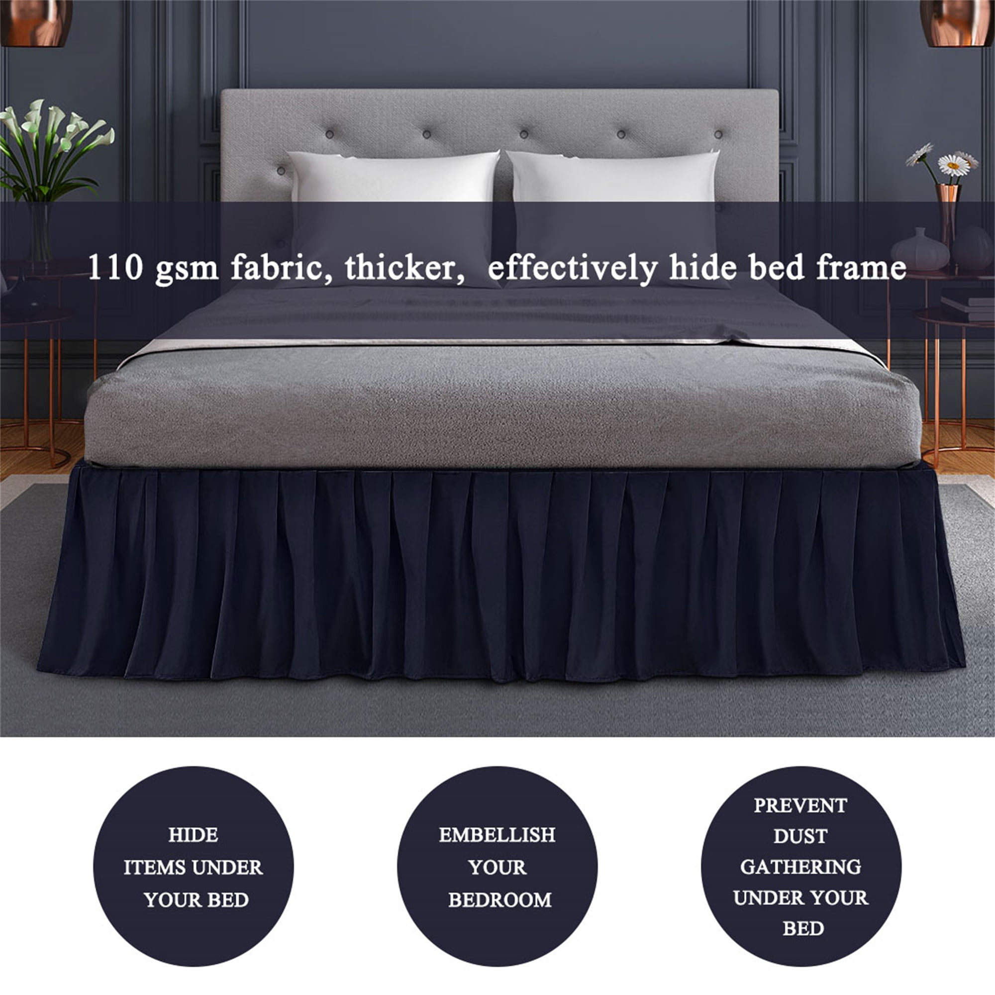 PiccoCasa Brushed Microfiber Bed Skirts 16" Drop Ruffled Wrap Around, Twin Navy Blue