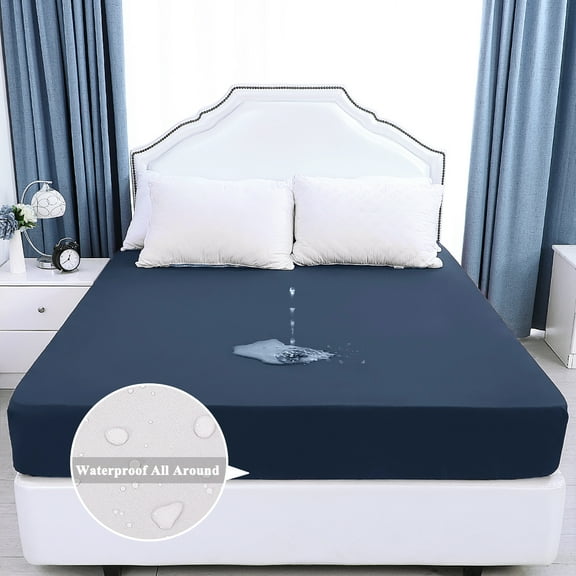 PiccoCasa Brushed Microfiber Fitted Sheet All Around Mattress Protector with 14" Pocket, Twin Navy Blue