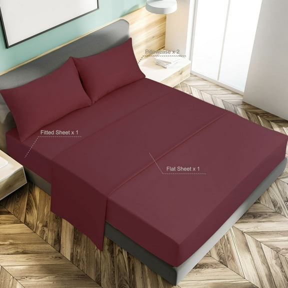 PiccoCasa Brushed Polyester Microfiber Fabric Bed Sheets Bedding Set 4-Piece, Burgundy Full