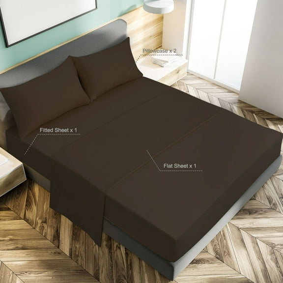 PiccoCasa Brushed Polyester Microfiber Fabric Bed Sheets Bedding Set 4-Piece, Dark Brown Full