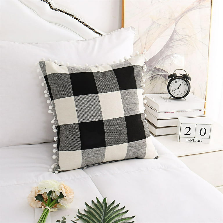 Piccocasa Buffalo Check Plaid Throw Pillow Cover With Pompoms For Sofa Couch  Decor 1 Pcs Black Beige White 18 X 18 : Target