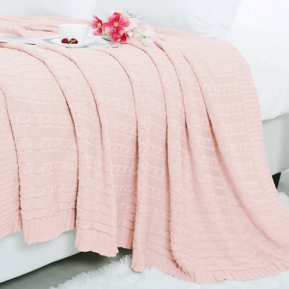 PiccoCasa Cable Knit Thorw Blanket Cotton Blanket for Home Decor, 70"x78" Pink
