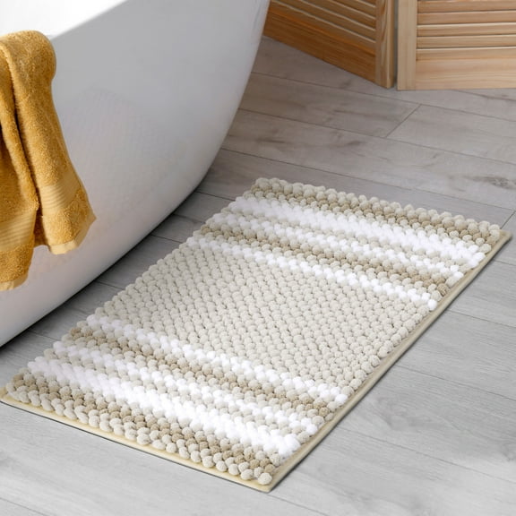 REGALWOVEN Chenille Bathroom Rug Extra Soft Fluffy, Striped Bath Mat Shaggy Rugs Super Absorbent Area Rugs Bone 17"x24"
