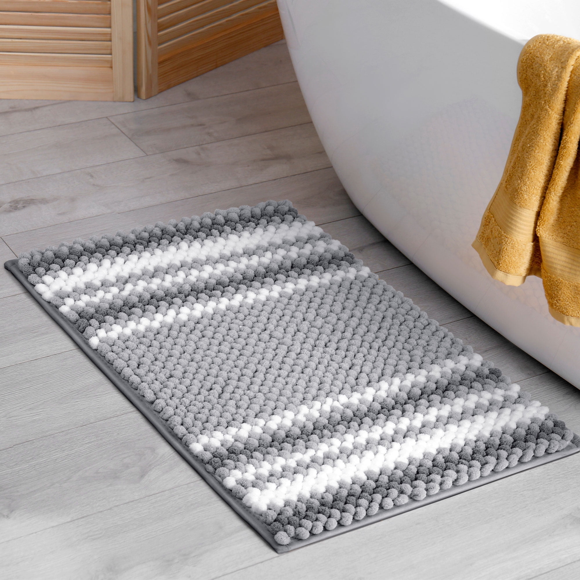 Dark Gray and White Chenille Non-Slip Bathroom Rug 17" x 24"