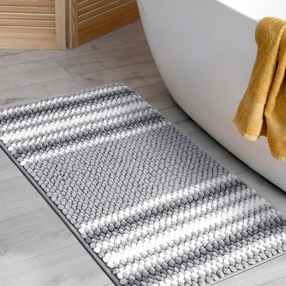 REGALWOVEN Chenille Bathroom Rug Extra Soft Fluffy, Striped Bath Mat Shaggy Rugs Super Absorbent Area Rugs Dark Gray 20"x32"