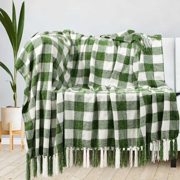 REGALWOVEN Chenille Throw Blankets with Fringe Tassel, Plaid Velvety Soft Throws for Couch Sofa Chair Bed Living Room Fern Green and White Twin