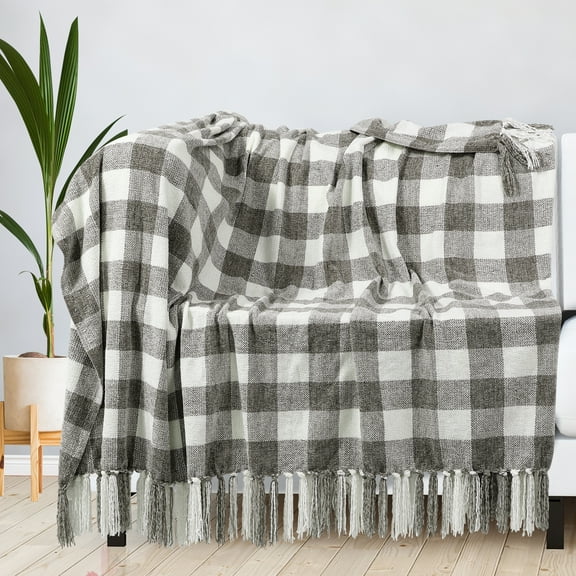 REGALWOVEN Chenille Throw Blankets with Fringe Tassel, Plaid Velvety Soft Throws for Couch Sofa Chair Bed Living Room Gray and White Twin