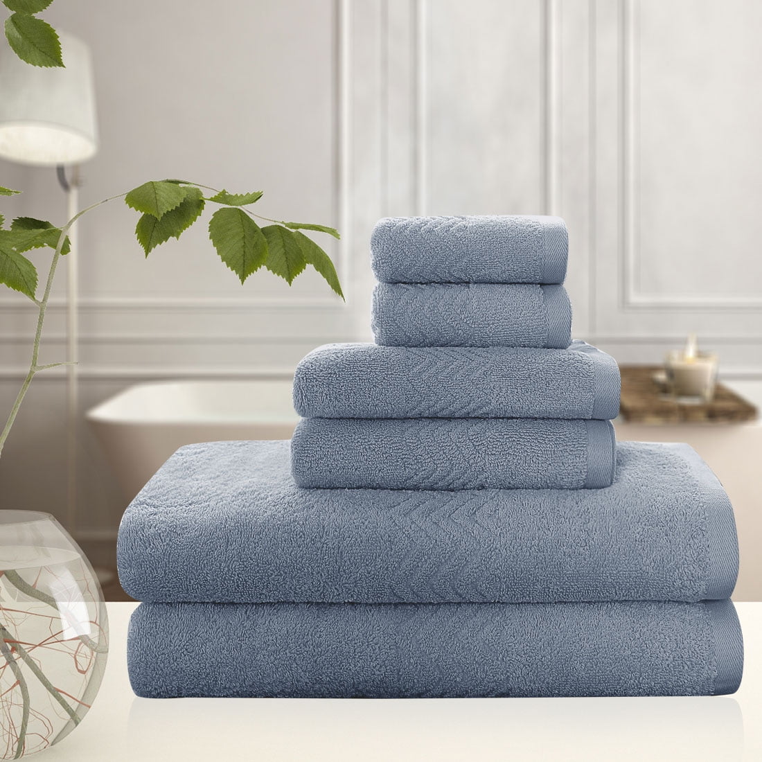 PiccoCasa Cotton 6 Piece Bath Towel Set Soft Absorbent Breathable Dark Blue