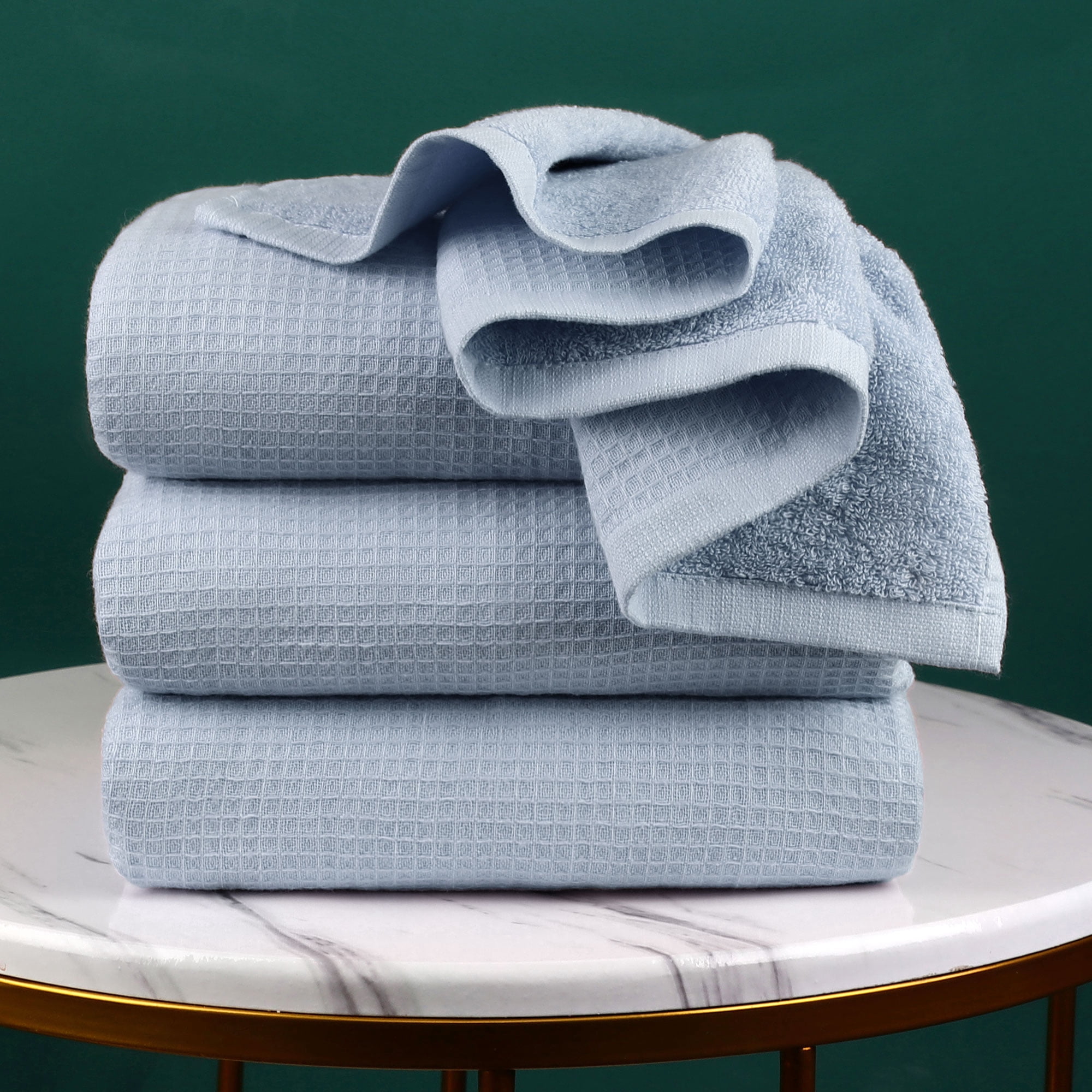 PiccoCasa Cotton Bath Towels 4 Pack 27"x54" Absorbent Waffle Weave Spa Blue