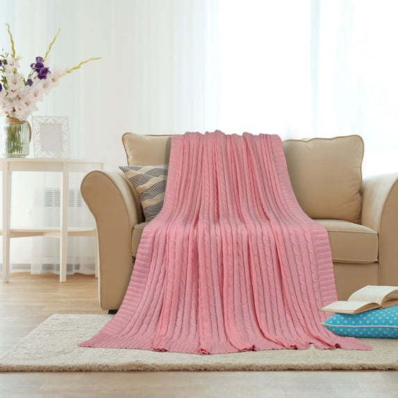 PiccoCasa Cotton Blanket Decorative Cable Knitted Throw Knit Blankets, 47"x70" Shell Pink