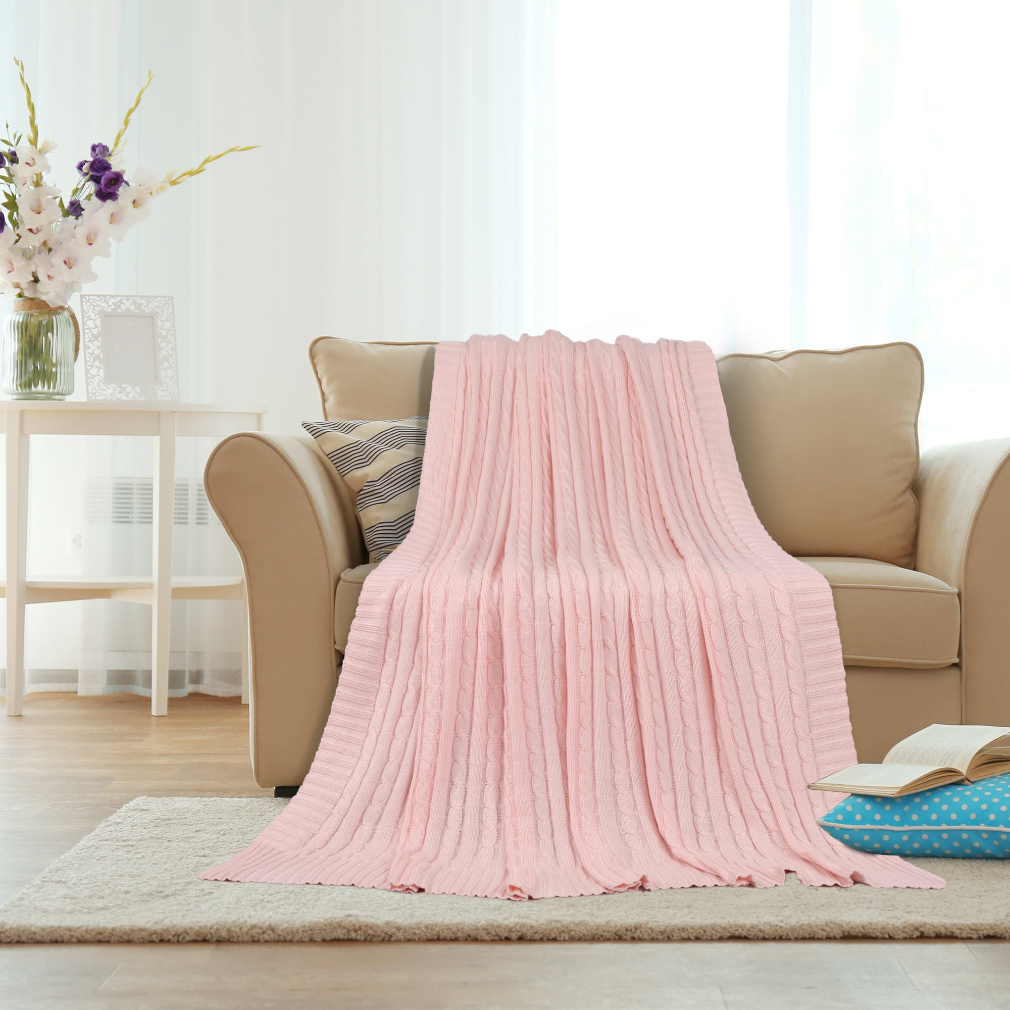 Pink cable knit throw blanket new arrivals