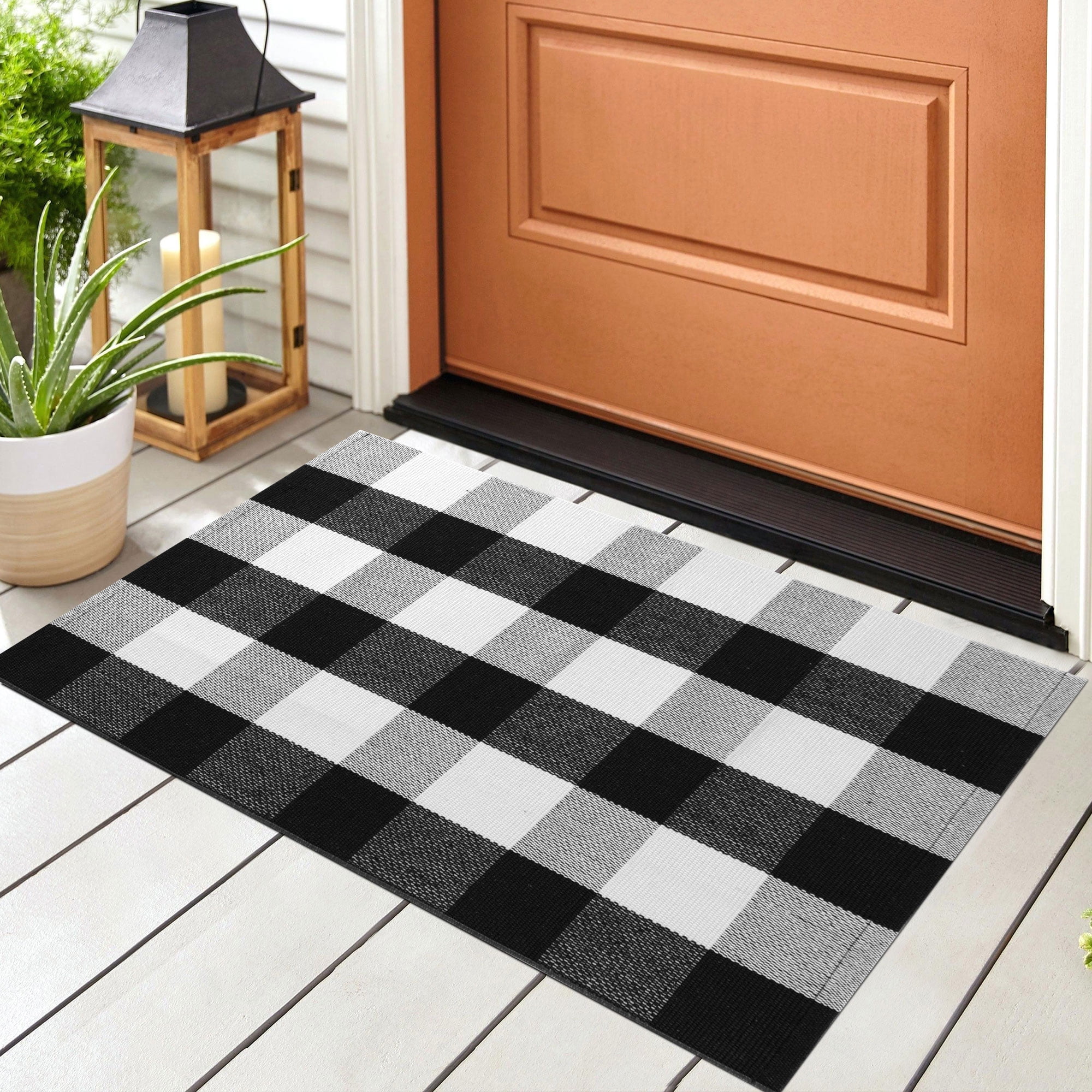 PiccoCasa Cotton Carpet Checkered Plaid Doormat Rugs, Black & White 35.