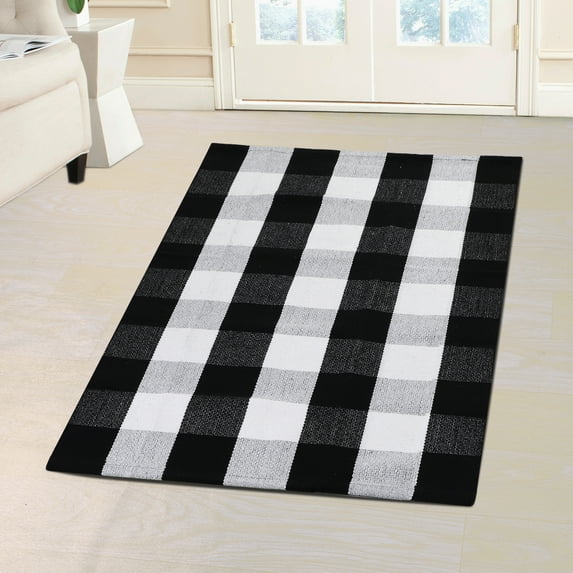 PiccoCasa Cotton Carpet Checkered Plaid Doormat Rugs, Black & White 43"x28"