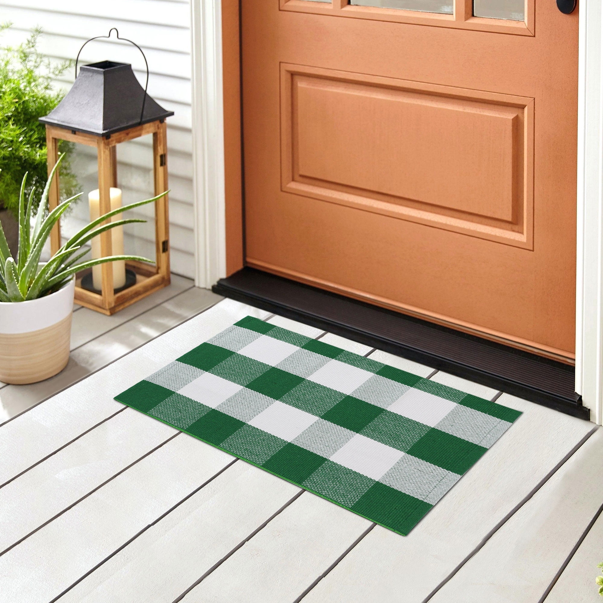 PiccoCasa Cotton Carpet Checkered Plaid Doormat Rugs, Green & White 27.
