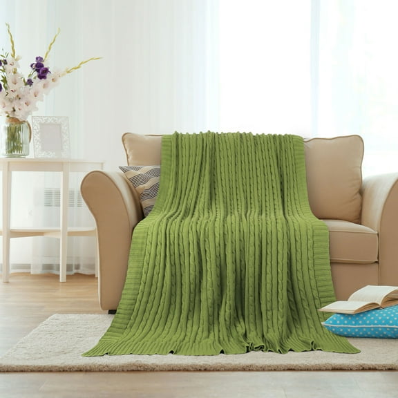 PiccoCasa Cotton Knitt Throw Blanket Decorative Cable Knitted Blanket for Couch, Chair, Green 50" x 60"